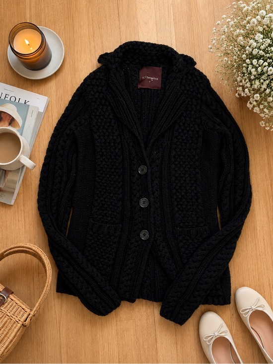 525 America Sweaters - 525 America Black 100% Cotton Cable Knit Shawl Collar Button Cardigan Sweater